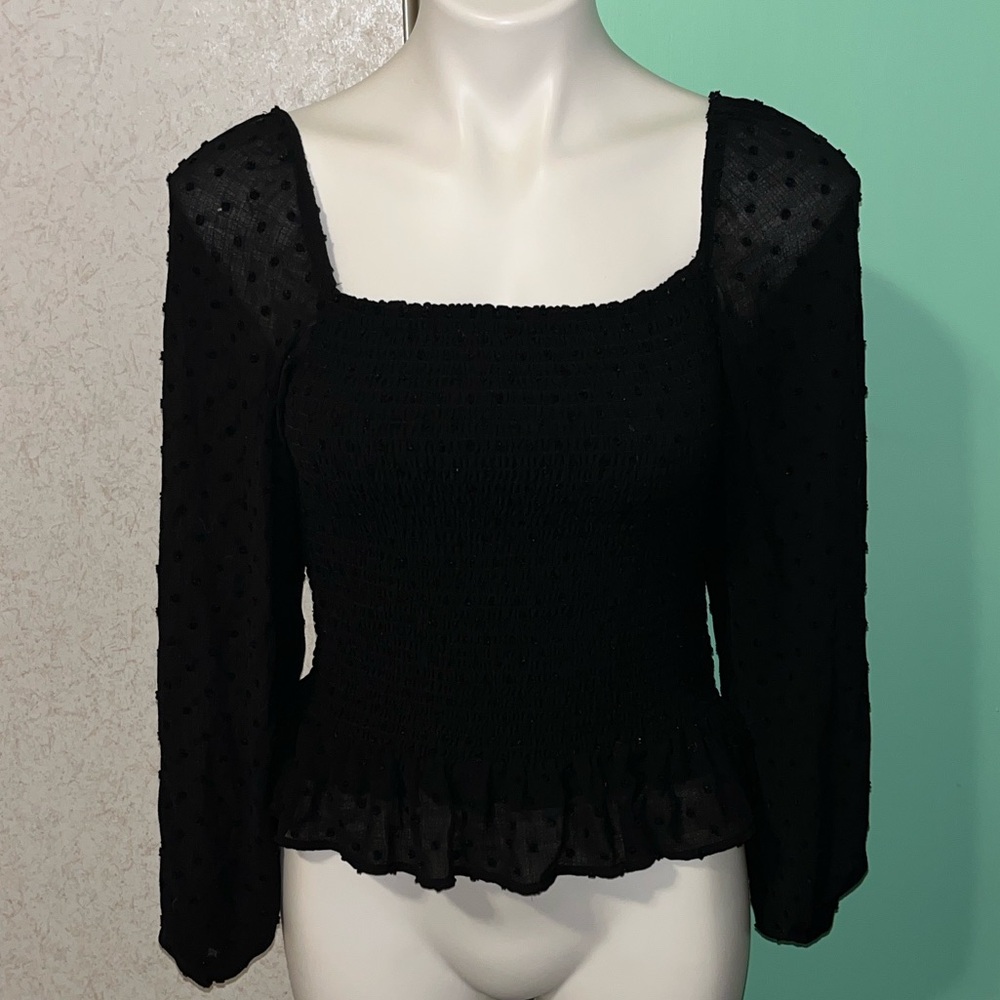 lush black ruched polka dot top with mesh sleeves